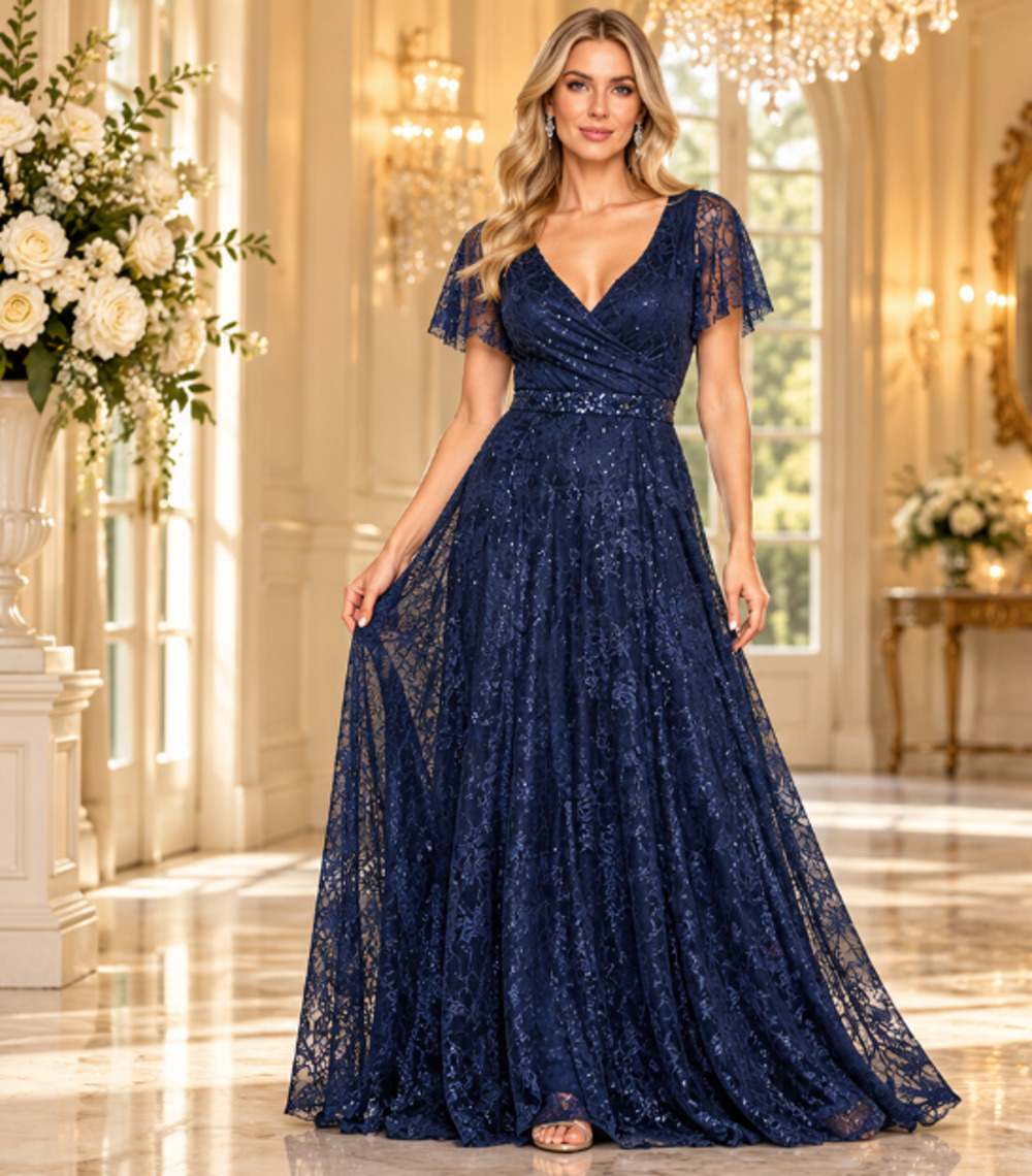 NWT B&A by Betsy & Adam Navy Sequin Lace Maxi Dress Sz 10 Flutter Slv Gown Glam